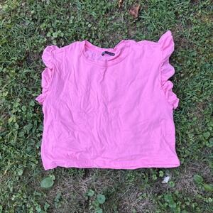Zara Pink Ruffle Sleeve Crop Top Women's Small‎ Short Sleeve Casual